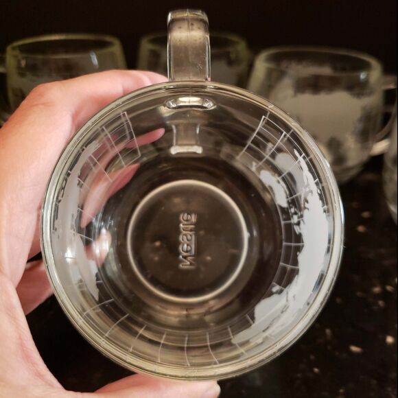 Nestle Nescafe Coffee Cup Mugs World Map Globe Clear Etched Glass Vintage set 6 - Picture 7 of 15